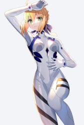 Rule 34 | 1girl, absurdres, ahoge, arm up, artoria pendragon (all), artoria pendragon (fate), ayanami rei, ayanami rei (cosplay), blonde hair, blue ribbon, bodysuit, braid, breasts, commentary request, cosplay, fate/grand order, fate (series), french braid, fuyuki (neigedhiver), green eyes, hair between eyes, hair bun, hair ribbon, hand on own forehead, hand on own stomach, highres, looking at viewer, medium breasts, neon genesis evangelion, parted lips, pilot suit, plugsuit, ribbon, saber (fate), short hair, sidelocks, simple background, skin tight, small breasts, solo, thighs, white background, white bodysuit