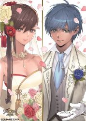Rule 34 | 1boy, 1girl, blue hair, breasts, brown eyes, brown hair, cleavage, commentary request, dress, earrings, fidel camuze, flower, formal, gloves, green eyes, jewelry, long hair, looking at viewer, necklace, official art, saionji reimi, smile, square enix, star ocean, star ocean anamnesis, star ocean integrity and faithlessness, star ocean the last hope, suit, wedding dress, white gloves, yasuda akira