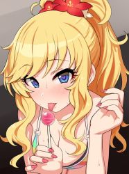 Rule 34 | 10s, 1girl, bad id, bad twitter id, bikini, blonde hair, blue eyes, blush, breasts, candy, cleavage, commentary request, eyelashes, flower, food, hair flower, hair ornament, heart, heart-shaped pupils, idolmaster, idolmaster cinderella girls, licking, lollipop, long hair, looking at viewer, nail polish, ohtsuki yui, omaru gyuunyuu, pink nails, ponytail, sexually suggestive, solo, striped bikini, striped clothes, sweat, swimsuit, symbol-shaped pupils, tongue, tongue out, wavy hair