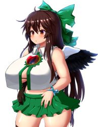Rule 34 | 1girl, bird wings, black gloves, black wings, blush, bow, bracelet, breasts, brown eyes, brown hair, cape, crop top, crop top overhang, gloves, green skirt, highres, jewelry, large breasts, long hair, miniskirt, open clothes, open shirt, peso (cheese company), reiuji utsuho, shirt, single glove, skirt, sleeveless, sleeveless shirt, solo, stomach, third eye, touhou, white cape, white shirt, wings