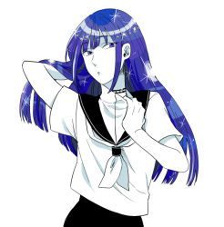 Rule 34 | 1other, alternate costume, androgynous, artist request, blue eyes, blue hair, contemporary, hair flip, high collar, houseki no kuni, lapis lazuli (houseki no kuni), long hair, looking at viewer, phosphophyllite, phosphophyllite (ll), sailor collar, scar, scar on neck, school uniform, solo, spoilers, upper body, white background