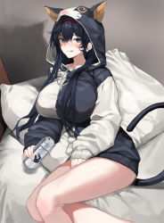 Rule 34 | 1girl, :q, absurdres, animal ears, arknights, bed, beer can, black hair, blaze (arknights), blush, breasts, can, cat ears, cat girl, cat tail, drink can, hair between eyes, hairband, highres, holding, holding can, hood, hood up, large breasts, long hair, looking at viewer, molyb, no pants, nose blush, pajamas, pillow, red hairband, revision, shadow, sitting, tail, thighs, tongue, tongue out