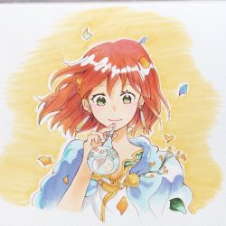 Rule 34 | 1girl, akagami no shirayukihime, blue jacket, earrings, flower, gold trim, green eyes, highres, jacket, jewelry, kanaan, looking at viewer, potion, red hair, shirayuki (akagami no shirayukihime), short hair, simple background, smile, solo, traditional media, upper body
