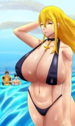 Rule 34 | 1girl, 2boys, abs, absurdres, beach, beowulf (skullgirls), big band, bikini, blonde hair, breasts, character request, cleavage, closed eyes, closed mouth, cross, cross necklace, curvy, double (skullgirls), drawing, hand on own head, highres, huge breasts, jewelry, long hair, multiple boys, muscular, muscular male, necklace, open mouth, shiny skin, skullgirls, swimsuit, thong bikini