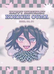 Rule 34 | 1boy, :d, black hair, character name, checkered clothes, checkered scarf, danganronpa (series), danganronpa v3: killing harmony, dated, flipped hair, grey background, hair between eyes, happy birthday, highres, male focus, oma kokichi, open mouth, pink eyes, pisapipi, portrait, scarf, smile, solo, sparkle, teeth, tongue, tongue out