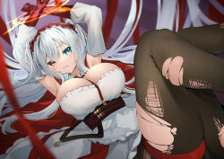 Rule 34 | 1girl, absurdly long hair, absurdres, azur lane, between breasts, blue eyes, blurry, blurry foreground, bound, bound wrists, breasts, brown pantyhose, cleavage, detached sleeves, dress, ebichiri sunday, elbing (azur lane), elbing (the throne of misfortune) (azur lane), feet out of frame, fine fabric emphasis, frilled hairband, frills, hairband, heterochromia, highres, large breasts, long hair, looking at viewer, lying, magic circle, official alternate costume, on back, pantyhose, red eyes, red hairband, solo, strap between breasts, torn clothes, torn pantyhose, very long hair, white dress, white hair