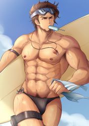 Rule 34 | 1boy, abs, absurdres, aussummer, bara, beard, black male swimwear, black swim briefs, body hair, brown eyes, brown hair, cowboy shot, day, diving mask, diving mask on head, facial hair, food, goggles, goggles on head, granblue fantasy, highres, large pectorals, male focus, male swimwear, manly, muscular, nipples, outdoors, pectorals, popsicle, pubic hair, rackam (granblue fantasy), solo, surfboard, swim briefs, swimsuit, upper body, veins, whistle, whistle around neck