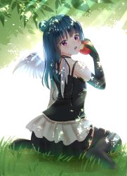 Rule 34 | 1girl, 2019, :o, absurdres, angel wings, apple, arm on own head, bare shoulders, black dress, black thighhighs, black wings, blue hair, blush, boots, breasts, buttons, chibi, cleavage, dated, dress, female focus, food, fruit, full body, hair bun, highres, holding, holding food, holding fruit, long hair, looking at viewer, looking back, love live!, love live! school idol festival, love live! sunshine!!, on grass, open mouth, panaham, purple eyes, red eyes, single hair bun, sitting, smile, solo, the fallen angel beloved store, thighhighs, tree, tsushima yoshiko, white background, wings
