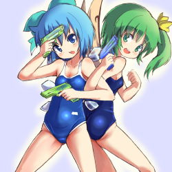 Rule 34 | 2girls, back-to-back, blue eyes, blue hair, bow, cirno, competition school swimsuit, competition swimsuit, daiyousei, green eyes, green hair, hair bow, hair ribbon, hakkotsu shitai, ice, ice wings, multiple girls, one-piece swimsuit, ribbon, school swimsuit, short hair, side ponytail, smile, swimsuit, touhou, water gun, wings