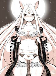 Rule 34 | 1girl, blush, bra, breasts, curvy, garter belt, garter straps, horns, huge breasts, kenron toqueen, lace, lace-trimmed bra, lace-trimmed legwear, lace-trimmed panties, lace trim, lingerie, looking at viewer, monochrome, moon, naruto (series), naruto shippuuden, navel, ootsutsuki kaguya, panties, smile, solo, star (sky), stomach, thick thighs, thigh gap, thighhighs, thighs, third eye, underwear, undressing, wide hips, wide sleeves
