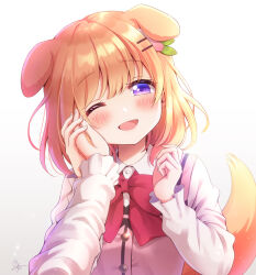 Rule 34 | 2girls, ;d, animal ears, artist name, blush, bow, bowtie, commentary request, dog ears, dog girl, dog tail, extra ears, female pov, gochuumon wa usagi desu ka?, hair ornament, hairclip, hand on another&#039;s cheek, hand on another&#039;s face, happy, head tilt, highres, hoto cocoa, kemonomimi mode, long sleeves, medium hair, mozukun43, multiple girls, one eye closed, open mouth, orange hair, pink vest, pov, purple eyes, rabbit house uniform, red bow, red bowtie, shirt, smile, solo focus, tail, twitter username, upper body, vest, white shirt