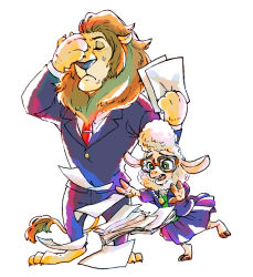 Rule 34 | artist request, dawn bellwether, disney, facepalm, formal, furry, glasses, green eyes, jewelry, lamb, lion, mayor lionheart, necklace, paper, sheep, suit, zootopia