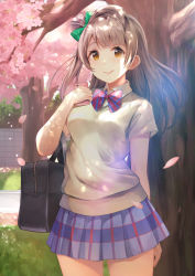 Rule 34 | 10s, 1girl, arm behind back, arm up, bag, beige vest, blue skirt, blunt bangs, bow, bowtie, cellphone, cherry blossoms, closed mouth, collar, collared shirt, cowengium, grass, green bow, grey hair, greyscale, hair bow, highres, holding, holding phone, light blush, long hair, looking at viewer, love live!, love live! school idol project, minami kotori, monochrome, otonokizaka school uniform, outdoors, petals, phone, plaid, plaid skirt, pleated skirt, school bag, school uniform, shirt, short sleeves, side ponytail, skirt, smartphone, smile, solo, standing, striped bow, striped bowtie, striped clothes, striped neckwear, tree, uniform, vest, white collar, yellow eyes