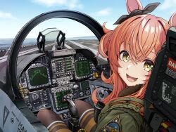 Rule 34 | 1girl, absurdres, aircraft carrier, aircraft request, black pantyhose, bomber jacket, brown eyes, cockpit, commentary, commentary request, excited, flight deck, fur-trimmed jacket, fur trim, green jacket, highres, horse girl, jacket, looking at viewer, mayano top gun (umamusume), military vehicle, open cockpit, pantyhose, ship, solo, tussy, umamusume, vehicle request, warship, watercraft