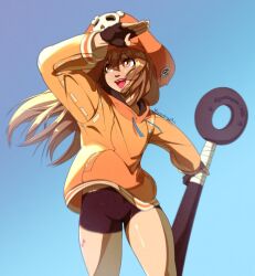 Rule 34 | 1girl, anchor, bike shorts, black gloves, blizzardingpike, blue background, brown eyes, brown hair, cabbie hat, fingerless gloves, gloves, guilty gear, guilty gear strive, hat, hat ornament, highres, holding, holding anchor, hood, hoodie, long hair, long sleeves, looking to the side, may (guilty gear), open mouth, orange headwear, orange hoodie, skull and crossbones, skull hat ornament, smile