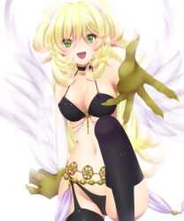 Rule 34 | 1girl, black thighhighs, blonde hair, breasts, choker, claws, cleavage, covered erect nipples, duel monster, feathered wings, feathers, green eyes, hair between eyes, harpie dancer, harpy, hayabusa koi, long hair, looking at viewer, medium breasts, monster girl, navel, open mouth, pointy ears, reaching, reaching towards viewer, solo, thighhighs, white feathers, white wings, winged arms, wings, yu-gi-oh!