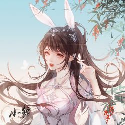 Rule 34 | 1girl, animal ears, artist request, blue sky, branch, brown hair, bug, butterfly, douluo dalu, glowing butterfly, hair ornament, highres, index finger raised, insect, leaf, long hair, looking at viewer, parted lips, ponytail, rabbit ears, second-party source, see-through, see-through sleeves, sky, solo, teeth, upper body, xiao wu (douluo dalu)