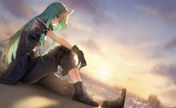 Rule 34 | 1girl, arknights, arm on knee, armband, armor, black footwear, black gloves, black pants, black shirt, blurry, blurry background, boots, breastplate, breasts, chinese commentary, closed mouth, clothes around waist, cloud, cloudy sky, dawn, dutch angle, expressionless, full body, gloves, green hair, horns, hoshiguma (arknights), jacket, jacket around waist, lens flare, lips, long hair, looking at viewer, medium breasts, orange eyes, outdoors, pants, shirt, sitting, skin-covered horns, sky, sleeveless, sleeveless shirt, solo, straight hair, sun, sunrise, turtleneck, zenghuimin