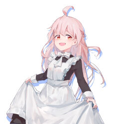 Rule 34 | 1girl, :d, absurdres, ahoge, chinese commentary, commentary request, frills, hair between eyes, highres, hpyer, long hair, long sleeves, looking at viewer, maid, onii-chan wa oshimai!, open mouth, oyama mahiro, pink hair, red eyes, simple background, skirt hold, smile, solo, white background