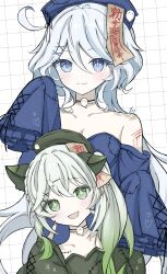 2girls ahoge bare_shoulders blue_dress blue_eyes blue_hat blush choker collarbone cuts dress furina_(genshin_impact) genshin_impact gradient_hair green_eyes green_hair hat head_tilt highres injury intoru_4 jiangshi_costume long_hair long_sleeves looking_at_viewer multicolored_hair multiple_girls nahida_(genshin_impact) off-shoulder_dress off_shoulder ofuda side_ponytail sleeves_past_fingers sleeves_past_wrists very_long_hair white_background white_hair