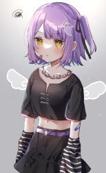 Rule 34 | 1girl, absurdres, alternate costume, annoyed, bandaid, bandaid on face, black ribbon, black shirt, black skirt, chain, chain necklace, detached sleeves, diamond-shaped pupils, diamond (shape), ghost hair ornament, hair ribbon, highres, jewelry, long sleeves, midriff, mini wings, miniskirt, navel, necklace, one side up, pleated skirt, pome charo, purple hair, ribbon, shinomiya runa, shirt, short hair, short sleeves, skirt, sleeves past fingers, sleeves past wrists, solo, striped sleeves, symbol-shaped pupils, virtual youtuber, vspo!, wings, yellow eyes