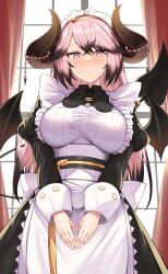 Rule 34 | 1girl, absurdres, apron, black dress, blush, bow, breasts, buttons, cowboy shot, curtains, demon girl, demon horns, demon tail, demon wings, dress, frilled apron, frills, hands on lap, highres, horns, large breasts, long sleeves, looking at viewer, maid, maid apron, maid headdress, pink hair, puffy sleeves, room service demon, shadowverse, solo, tail, waist apron, waist bow, white apron, window, wings, wrist cuffs, yamato (muchuu paradigm)
