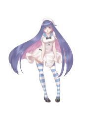 Rule 34 | 1girl, :o, absurdres, black bow, black footwear, blue hair, blue sailor collar, blunt bangs, bow, breasts, collarbone, colored inner hair, dress, eyeshadow, hat, highres, horizontal-striped legwear, kita-kun, large breasts, long hair, looking at viewer, makeup, multicolored hair, panty &amp; stocking with garterbelt, pink hair, sailor collar, sailor dress, sailor hat, shoes, simple background, skirt hold, solo, standing, stocking (psg), striped clothes, striped thighhighs, thighhighs, two-tone hair, very long hair, white background, white dress, white hat, zettai ryouiki