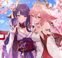 Rule 34 | 2girls, absurdres, animal ears, bare shoulders, blush, braid, breasts, bridal gauntlets, cherry blossoms, chinese knot, cleavage, day, detached sleeves, earrings, floppy ears, fox ears, fox shadow puppet, genshin impact, grin, hair flaps, hair ornament, highres, japanese clothes, jewelry, kimono, large breasts, long hair, long sleeves, looking at viewer, low ponytail, mole, mole under eye, multiple girls, obijime, outdoors, parted lips, pink hair, purple eyes, purple hair, raiden shogun, ribbon trim, shadow puppet, single braid, smile, tassel, tree, unapoppo, vision (genshin impact), wide sleeves, yae miko