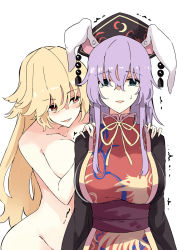 Rule 34 | 2girls, :d, alternate eye color, animal ears, bad id, bad twitter id, black dress, blonde hair, blue eyes, blush, breasts, cleavage, clothed female nude female, commentary request, completely nude, convenient arm, cosplay, crescent print, deetamu, dress, empty eyes, facing viewer, groin, hair between eyes, hands on another&#039;s shoulders, hat, highres, junko (touhou), junko (touhou) (cosplay), large breasts, leaning on person, long hair, looking at another, looking at viewer, multiple girls, nude, open mouth, orange hair, purple hair, rabbit ears, rabbit girl, red eyes, reisen udongein inaba, scared, smile, tabard, tearing up, tears, touhou, trembling, very long hair, you gonna get raped, yuri