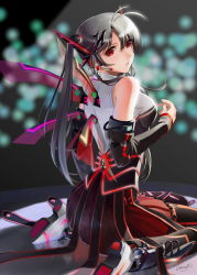 Rule 34 | 1girl, absurdres, antenna hair, bare shoulders, black hair, breasts, detached sleeves, highres, light smile, long hair, looking back, mecha musume, neon trim, okingjo, original, red eyes, signature, sitting, skirt, solo, twintails, wariza, wings