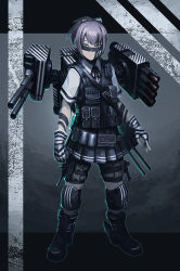 Rule 34 | 10s, 1girl, ammunition pouch, bodypaint, boots, dazzle paint, facepaint, fingerless gloves, gloves, hair ornament, hetza (hellshock), kantai collection, kevlar, knee pads, load bearing vest, looking at viewer, machinery, military, military uniform, monochrome, neck ribbon, pale skin, pleated skirt, revision, ribbon, shiranui (kancolle), short hair, skirt, solo, uniform, vest