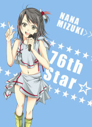 Rule 34 | 1girl, :d, animification, bare shoulders, black hair, blue background, brown eyes, flower, grey skirt, hair flower, hair ornament, head tilt, index finger raised, looking at viewer, microphone, midriff, mizuki nana, music, navel, open mouth, orito, real life, shirt, simple background, singing, skirt, smile, solo, tied shirt, voice actor