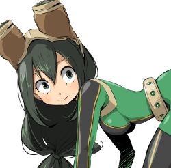 Rule 34 | 10s, 1girl, 3:, absurdres, all fours, arched back, asui tsuyu, belt, belt skirt, black hair, blush, bodysuit, boku no hero academia, breasts, closed mouth, enami katsumi, eyelashes, from side, goggles, goggles on head, green eyes, hair between eyes, highres, lips, long hair, looking at viewer, looking back, looking to the side, low-tied long hair, simple background, small breasts, solo, studded belt, very long hair, white background