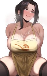 Rule 34 | 1girl, absurdres, apron, bare shoulders, blush, breasts, brown eyes, brown hair, cleavage, creatures (company), cum, cum on body, cum on breasts, cum on upper body, earrings, edmun6969, embarrassed, game freak, heavy breathing, highres, jewelry, large breasts, licking lips, long hair, looking at viewer, mature female, mother (pokemon), naked apron, nintendo, paldea mother, parted bangs, pokemon, pokemon sv, ponytail, short hair, sideboob, simple background, smile, solo, thighs, tongue, tongue out, wide hips, yellow apron