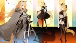 Rule 34 | 3girls, absurdres, animal ears, aonogura, arknights, armor, aunt and niece, axe, black bow, black footwear, black headwear, black legwear, blemishine (arknights), blush, boots, bow, breastplate, brown eyes, cape, commentary request, eyebrows, gauntlets, greaves, hair bow, hat, high heels, highres, holding, holding axe, holding sword, holding weapon, horse ears, horse girl, horse tail, huge filesize, kingdom of kazimierz logo, long hair, looking at viewer, multiple girls, nearl (arknights), open mouth, pauldrons, planted, planted axe, planted sword, planted weapon, ponytail, serious, shoulder armor, siblings, sisters, sword, tail, thighhighs, weapon, whislash (arknights), white armor, white cape, yellow eyes