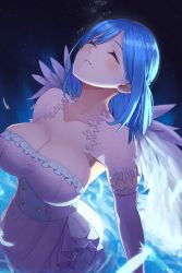 Rule 34 | 1girl, absurdres, blue hair, breasts, cleavage, collarbone, dress, elbow gloves, closed eyes, feathered wings, feathers, frills, gloves, highres, large breasts, medium hair, moira (nijisanji), mole, mole on breast, mole under mouth, night, night sky, nijisanji, short hair, sky, solo, sooon, space, star (sky), strapless, strapless dress, virtual youtuber, white dress, wings
