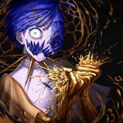Rule 34 | 1other, angry, aqua eyes, black background, blue hair, body horror, clenched hands, cracked skin, crushing, glint, gold, golden arms, hands up, highres, hole in head, houseki no kuni, liquid, looking at viewer, miine 1029, moon uniform (houseki no kuni), one-eyed, other focus, phosphophyllite, phosphophyllite (ll), see-through, see-through sleeves, shards, short hair, short sleeves, solo, spoilers, upper body, wide sleeves