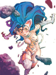 Rule 34 | 1girl, animal ears, animal hands, big hair, blue hair, blurry, breasts, capcom, cat ears, cat tail, claws, cleavage, depth of field, felicia (vampire), fur, green eyes, highres, large breasts, long hair, oono tsutomu, open mouth, slit pupils, solo, tail, thighhighs, vampire (game)
