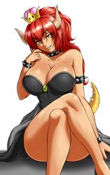 Rule 34 | 1girl, :d, bare shoulders, borrowed character, bowsette, breasts, brooch, claws, crown, eyes visible through hair, fangs, hair between eyes, horns, jewelry, large breasts, long hair, mario (series), monster girl, nintendo, open mouth, ponytail, red hair, smile, solo, spiked tail, spikes, super crown, super mario bros. 1, tail, teeth, yellow eyes, zantyarz