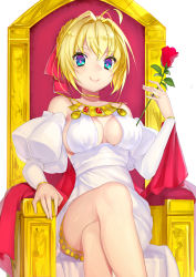 Rule 34 | 10s, blonde hair, blue eyes, blush, dress, fate/extra, flower, long hair, saber (fate/extra), smile, throne