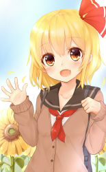 Rule 34 | 1girl, alternate costume, blonde hair, cardigan, chiroshiron, day, fang, field, flower, flower field, hair ribbon, highres, long sleeves, looking at viewer, neckerchief, open mouth, outdoors, red eyes, ribbon, rumia, school uniform, serafuku, smile, solo, sunflower, sunflower field, touhou, waving