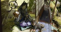 Rule 34 | 1girl, :d, absurdres, animal, animal ear fluff, animal ears, arknights, bamboo, bead necklace, beads, black hair, black kimono, black shirt, blurry, blurry foreground, braid, brown eyes, building, commentary, cushion, day, dog, dog ears, dog girl, english commentary, facial mark, falling leaves, fang, food, forehead mark, grass, hammer, highres, holding, holding food, incoming food, indoors, japanese clothes, jewelry, kimono, knee pads, kneeling, leaf, long hair, long sleeves, looking at viewer, necklace, neriash, open mouth, paintbrush, pants, purple pants, ribbon braid, saga (arknights), seiza, shelf, shiba inu, shirt, shouji, side braid, sitting, skin fang, sliding doors, smile, solo, sparkle, tatami, veranda, very long hair, wind chime