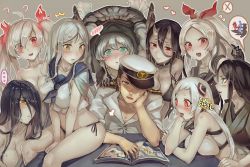 Rule 34 | ..., 1boy, 6+girls, ?, ^^^, abyssal admiral (kancolle), abyssal ship, admiral (kancolle), ahoge, airfield princess, armored aircraft carrier oni, bare shoulders, battleship princess, between legs, bikini, bikini top only, black bikini, black gloves, black hair, black panties, blush, book, breast press, breasts, cannon, cleavage, collar, collarbone, commentary request, convenient censoring, cowgirl position, desk, doggystyle, female pervert, flying sweatdrops, girl on top, gloves, green eyes, grey background, hair over one eye, hand between legs, hand on another&#039;s shoulder, hand on own cheek, hand on own face, harem, hat, heart, hetero, horns, jpeg artifacts, kantai collection, large breasts, long hair, looking at another, looking down, military, military uniform, multiple girls, naval uniform, nude, on table, open book, open mouth, over shoulder, pale skin, panties, pervert, ponytail, pornography, reading, red eyes, riding, ru-class battleship, sailor hat, school uniform, sex, sex from behind, shocker, short hair, short sleeves, side-tie panties, sigh, simple background, sitting, skin-covered horns, skindentation, smile, southern ocean war princess, spoken blush, straddling, sweat, swimsuit, ta-class battleship, table, tears, translated, twintails, underwear, uniform, v arms, walzrj, white hair, wo-class aircraft carrier, yellow eyes, yo-class submarine