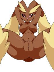 Rule 34 | 1girl, :3, animal ears, armpits, arms behind head, arms up, black sclera, blush, breasts, clitoris, colored sclera, creatures (company), deerrobin, female focus, furry, furry female, game freak, gen 4 pokemon, half-closed eyes, highres, large breasts, leaning back, looking at viewer, lopunny, navel, nintendo, nipples, nude, pokemon, pokemon (creature), pokemon dppt, presenting, pussy, rabbit ears, rabbit tail, raised eyebrow, red eyes, shiny skin, sitting, smile, solo, spread legs, tail, transparent background, uncensored