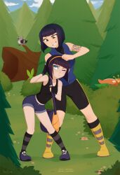 Rule 34 | 2girls, :d, :t, age difference, annoyed, aqua eyes, arm behind head, arm tattoo, artist name, bad id, bad pixiv id, bag, bare shoulders, bent over, between breasts, bike shorts, bird, black gloves, black hair, black shorts, black socks, black tank top, black undershirt, blue bag, blue footwear, blue shirt, blue sky, blunt bangs, blunt ends, blurry, blurry background, boots, breasts, brown eyes, bullying, bush, closed mouth, cloud, collarbone, commentary, covered face, creatures (company), day, denim, denim shorts, depth of field, english commentary, fingerless gloves, flower, foliage, forest, freckles, full body, game freak, gen 5 pokemon, gloves, grass, grey socks, grin, hairband, hand on another&#039;s head, height difference, hiding, highres, holding strap, kasia mikolajczyk, kate mikolajczyk, kneehighs, leaning forward, lilligant, log, looking at another, looking down, looking up, medium breasts, merunyaa, messenger bag, midriff peek, multiple girls, nature, naughty face, nintendo, noogie, one eye closed, open mouth, orange flower, original, outdoors, patreon username, pidove, pigeon-toed, pine tree, pink flower, pixiv username, pokemon, pokemon (creature), shirt, shoes, short hair, short shorts, shorts, shoulder bag, siblings, signature, single vertical stripe, sisters, sky, sleeveless, small breasts, smile, smirk, sneakers, socks, spread legs, standing, strap between breasts, striped clothes, striped socks, swadloon, tank top, tattoo, teasing, tree, turtleneck, two-tone bag, unownglyphics, v-shaped eyebrows, yellow bag, yellow footwear, yellow hairband
