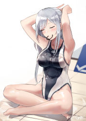 Rule 34 | 1girl, ak-12 (girls&#039; frontline), armpits, arms up, bare arms, bare legs, bare shoulders, barefoot, blush, breasts, closed eyes, closed mouth, collarbone, commentary request, competition swimsuit, covered navel, full moon, girls&#039; frontline, highres, indian style, large breasts, long hair, moon, on floor, one-piece swimsuit, parted bangs, shirosaba, sideboob, signature, silver hair, sitting, smile, solo, swimsuit, tying hair, very long hair, water, wet, wet clothes, wet swimsuit