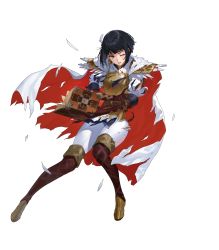 Rule 34 | 1girl, alternate costume, armor, belt, black eyes, black hair, boots, cape, ekao, elbow gloves, feather trim, fire emblem, fire emblem: thracia 776, fire emblem heroes, full body, gloves, hair ornament, highres, lips, nintendo, official art, olwen (fire emblem), pants, puffy sleeves, red lips, short hair, shoulder armor, skin tight, solo, striped, thigh boots, thigh gap, thighhighs, torn clothes, transparent background, vertical stripes, white pants