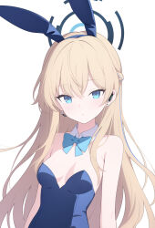 Rule 34 | 1girl, absurdres, animal ears, armpit crease, bare arms, bare shoulders, blonde hair, blue archive, blue eyes, blue hairband, blue leotard, bow, bowtie, braid, breasts, detached collar, earpiece, fake animal ears, hairband, halo, highres, jyt, leotard, long hair, looking at viewer, multicolored hair, official alternate costume, parted lips, playboy bunny, rabbit ears, simple background, small breasts, solo, strapless, strapless leotard, streaked hair, toki (blue archive), toki (bunny) (blue archive), upper body, very long hair, white background