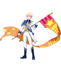 Rule 34 | 1boy, black shirt, blonde hair, blue footwear, boots, coat, flag, full body, gradient hair, grin, highres, holding, holding flag, looking at viewer, male focus, multicolored hair, necktie, non-web source, official art, orange eyes, orange vest, pants, project sekai, red hair, shirt, short hair, smile, solo, striped clothes, striped vest, tachi-e, tenma tsukasa, transparent background, vest, white coat, white necktie, white pants