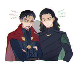 Rule 34 | 2boys, animification, avengers: infinity war, avengers (series), belt, black hair, black shirt, blue eyes, blue shirt, cape, cloak, closed mouth, commentary, crossed arms, doctor strange, facial hair, green cape, green eyes, grey belt, grey hair, jewelry, loki (marvel), long sleeves, looking at viewer, male focus, marvel, marvel cinematic universe, medium hair, multicolored hair, multiple boys, murdermuffinloki, necklace, red cloak, shaded face, shirt, short hair, simple background, standing, symbol-only commentary, teeth, two-tone hair, v-shaped eyebrows, white background